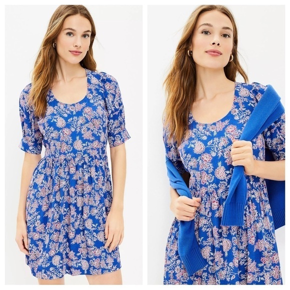 LOFT Dresses & Skirts - Loft Womens 6 Petite Blue Floral Puff Sleeve Swing Dress